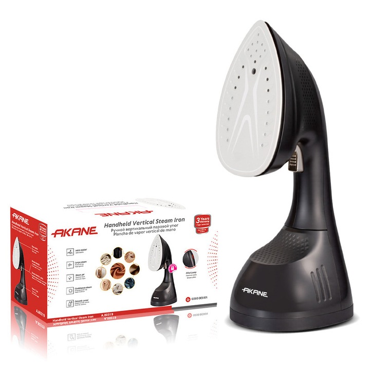 Aparat de calcat vertical cu abu AKANE Calcator cu abur vertical de mana – 1600 W putere, placa ceramica, abur continuu si in impulsuri, lampa indicator – ideal pentru haine, draperii si calatorii