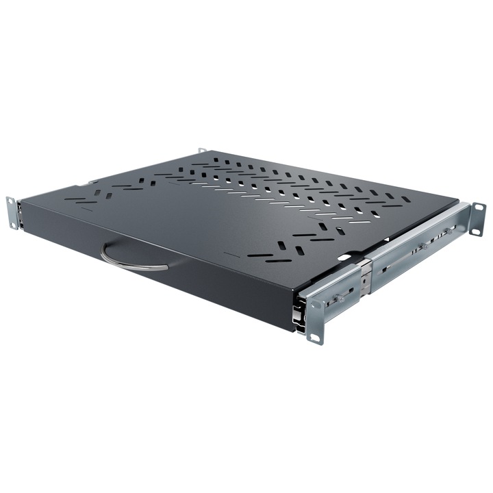 Rack, 19" 1U 350 mm, Flex II, Kihúzható billentyűzet- és egértartó, állítható, fekete