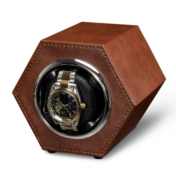 Cutie intors ceas automat iUni, Watch Winder, Piele ecologica, Maro