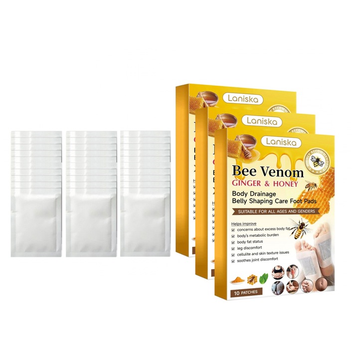 Set 3 cutii plasturi cu venin de albine si ghimbir pentru picioare, Laniska, 10 plasturi/cutie