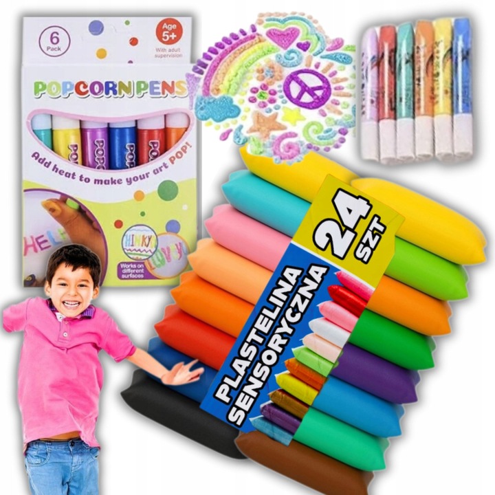 Set creativ spumă SENSO 24 culori + Pixuri 3D Popcorn, multicolor