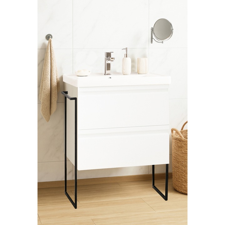 Set mobilier de baie MDF, baza si lavoar ceramica, BadenMob, Seria 786, Cadru metalic, Sertare, 60x91x46cm, Alb