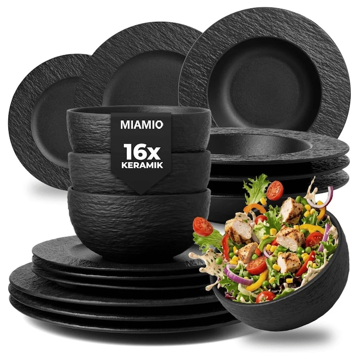 Serviciu de masa pentru 4 persoane, Set 16 piese Oasis, Boluri, Farfurii intinse/adanci, ceramica, negru