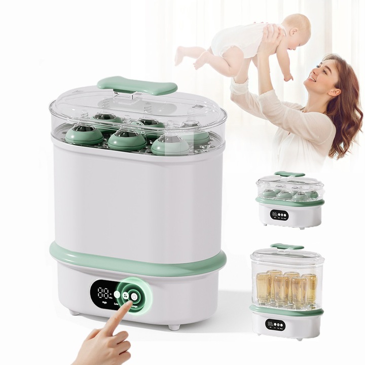 Sterilizator si uscator biberoane OLOEY® electric cu aburi 4 in 1, 600W, capacitate 6 biberoane, design modular compact economisitor de spatiu, pentru biberoane, accesorii pompa san si accesorii bebelusi, include suport uscare