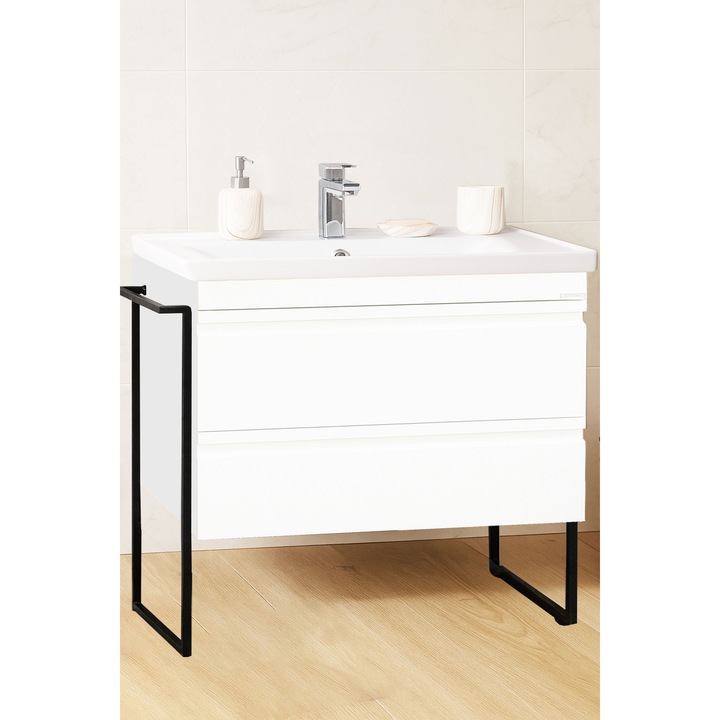 Set mobilier de baie MDF KIT, baza si lavoar ceramica, BadenMob, Seria 786, Cadru metalic, Sertare, 90x91x46cm, Alb