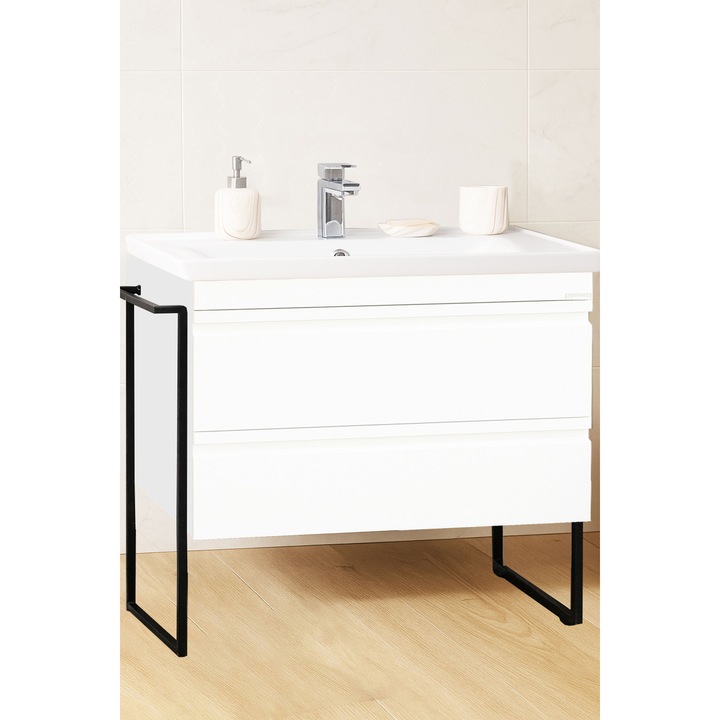 Set mobilier de baie MDF KIT, baza si lavoar ceramica, BadenMob, Seria 786, Cadru metalic, Sertare, 100x91x46cm, Alb