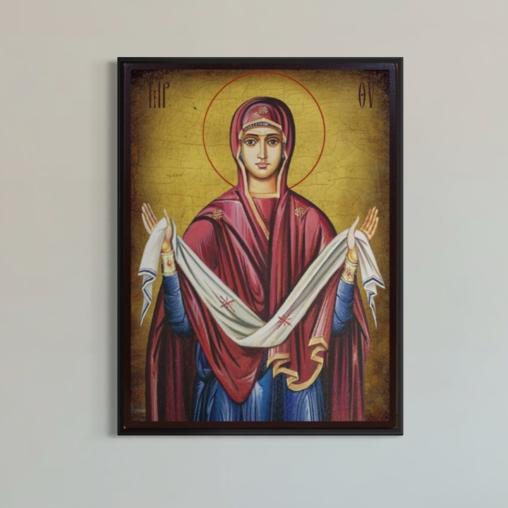 Tablou Canvas Premium, LuxCanva® H1063, Acoperamantul Maicii Domnului, 45 X 60 CM, Panza Bumbac 100% 400g/m2, Sasiu, Lemn, Icoana, Puritate, Har, Ajutor, Sprijin, Speranta, Mantuire, Mangaiere, Ortodoxie, Fecioara, Living, Dormitor, Black