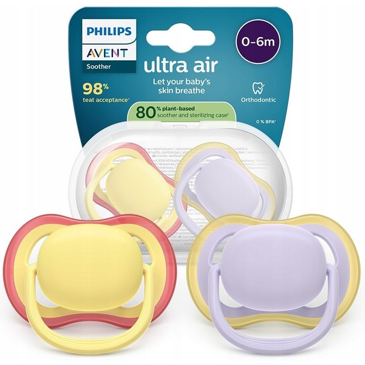 Дишаща залъгалка Philips Avent Ultra Air за 0-6 месеца, комплект от 2 броя, силикон, прозрачна