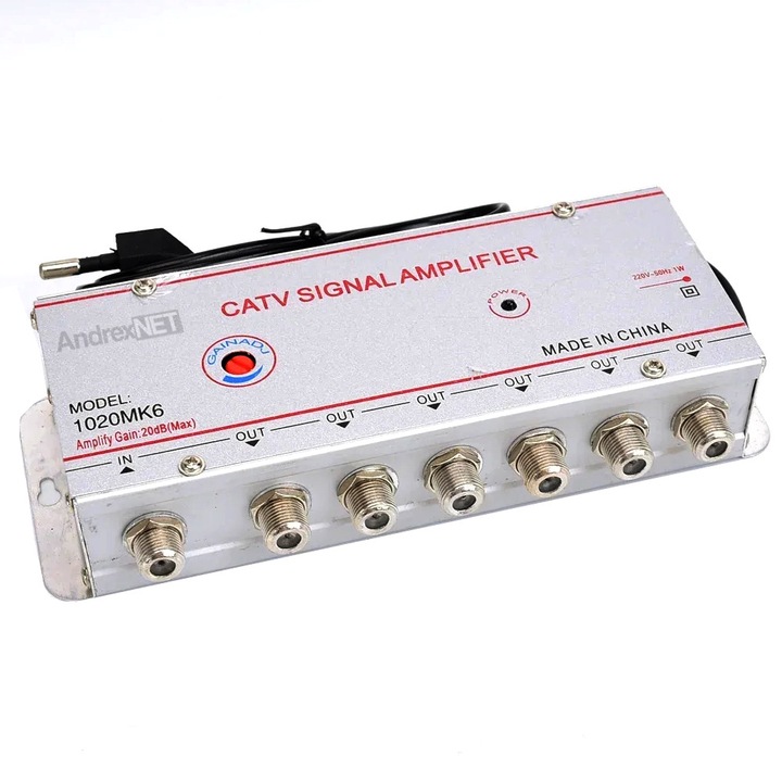 Amplificator semnal TV 20dB MK6, cu 6 iesiri, alimentare 220V, argintiu