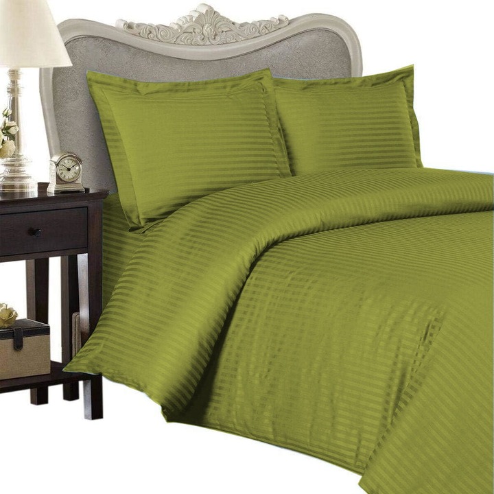 Lenjerie de pat dublu cu 2 cearsafuri pilota 140x220 cm Damasc Policoton dunga 1 cm, cearsaf pat 230x260 cm, 2 fete perne 50x70 cm, Verde Olive