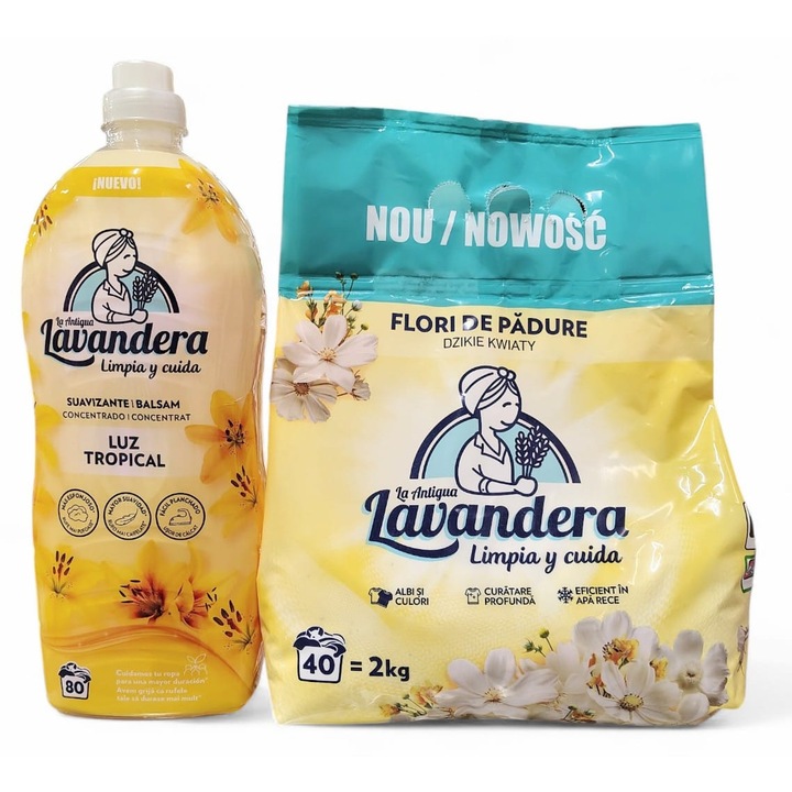 Перилен препарат на прах Lavandera Горски цветя 40 пранета 2кг, Омекотител за тъкани Lavandera Luz Tropical 1,76л 80 пранета