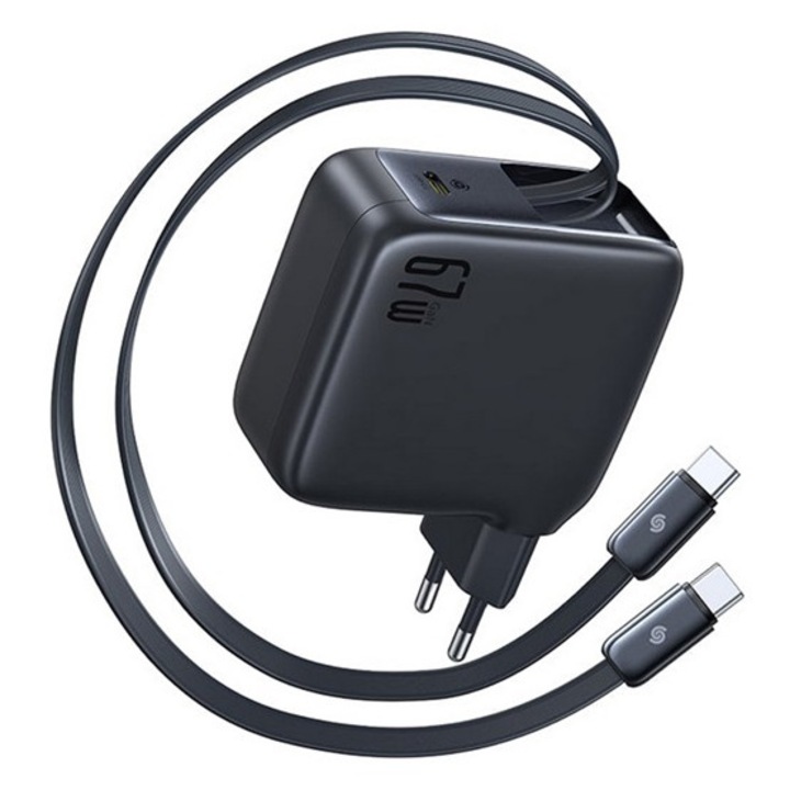 Baseus enercore cj21 hálózati töltő type-c aljzat, 67w, pd gyorstöltő 3.0 + 2 fix, csévélhető type-c kábel, fekete