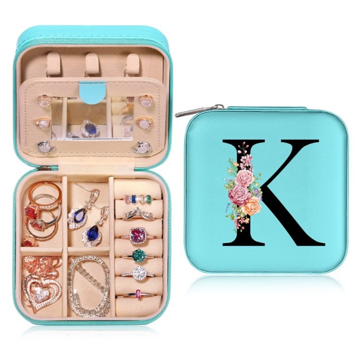 Cutie de bijuterii, Parima, personalizata cu initiala, Turcoaz, Litera K