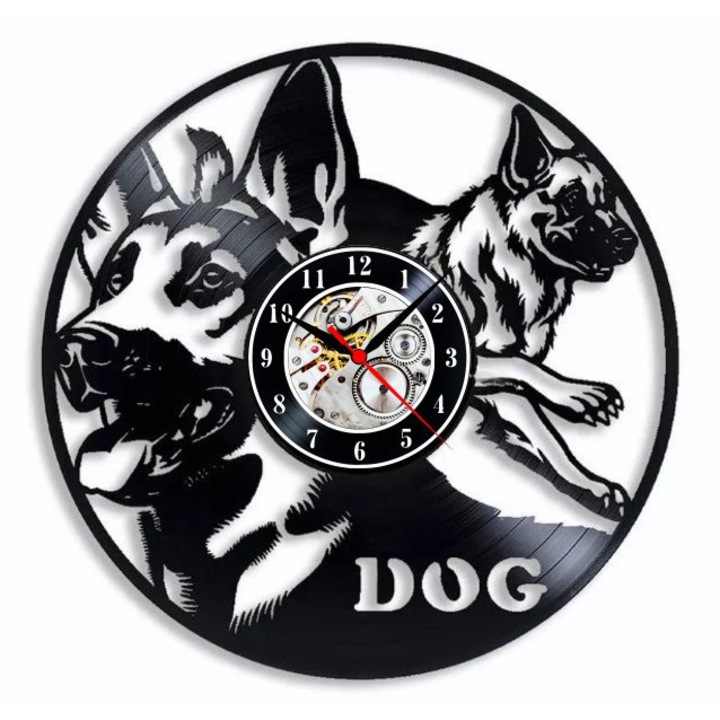 Német juhászkutya dekoratív falióra, fekete, 30 cm, bakelitlemezből