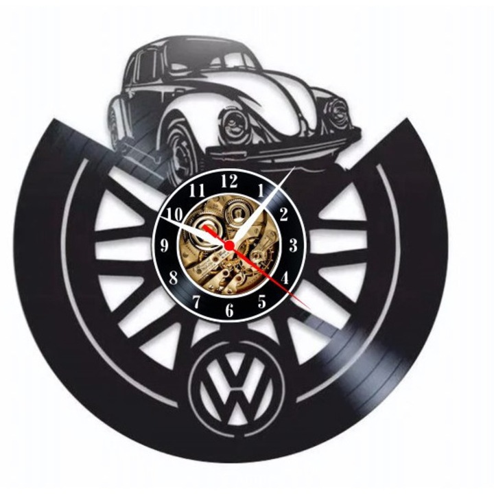 Dekoratív falióra „VW Bogár – Klasszikus szerelem”, fekete, eredeti bakelit lemezből készült, retro design, kvarc szerkezet
