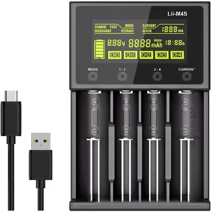 Универсално зарядно устройство за батерии, Simply Joy®, Li-ion батерии 18650 1.2v/9v Ni-MH/Ni-CD AAA AA, 26650 21700 32650 20700 21700 16340, LCD дисплей, 4 гнезда, Черно