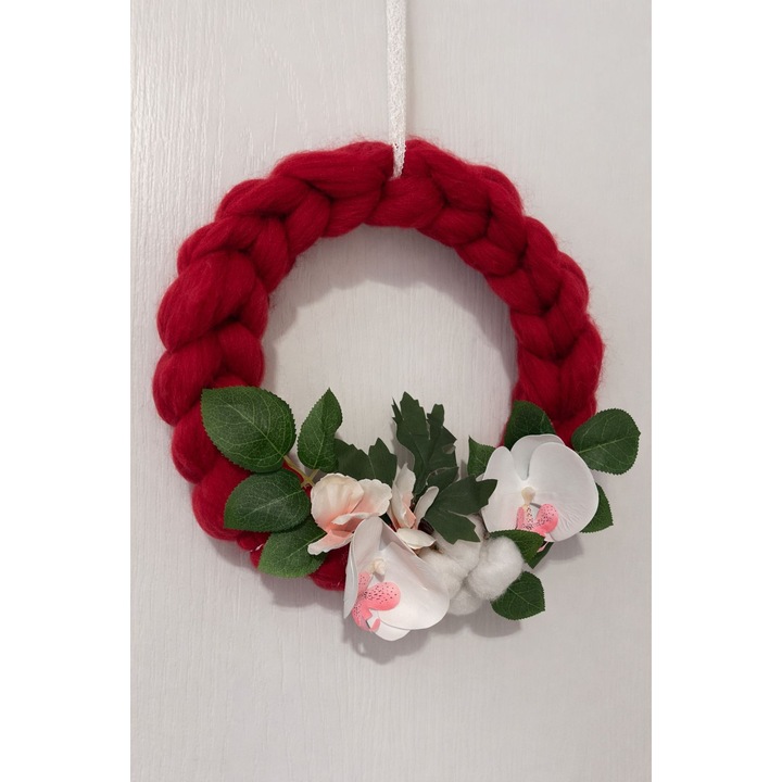 Coronita decorativa din lana merinos cu decoratiuni florale, unicat, 23cm