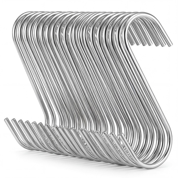 Set 40 carlige din inox pentru macelarie sau afumatoare carne, pentru suspendat carnea, pentru toate tipurile de carne, tip S, 180 x 48 x 3mm