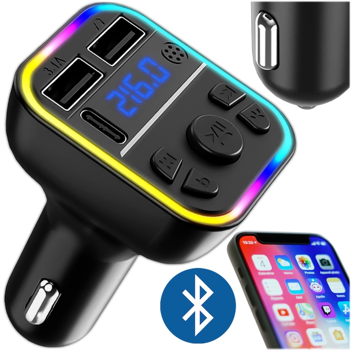 KRUMAD autós Bluetooth FM adó, Bluetooth adapter kihangosítóval, MP3 lejátszó, dupla USB, autós töltő szivargyújtóba