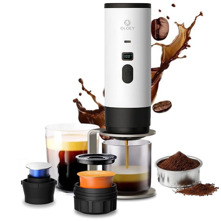 Espressor Portabil 3 in 1 OLOEY cu Incalzire, 15 Bar, Baterie 7800mAh, Compatibil Cafea Macinata + Capsule Nespresso + Dolce Gusto, USB-C Rapid, Camping, Calatorii, Birou, Alb