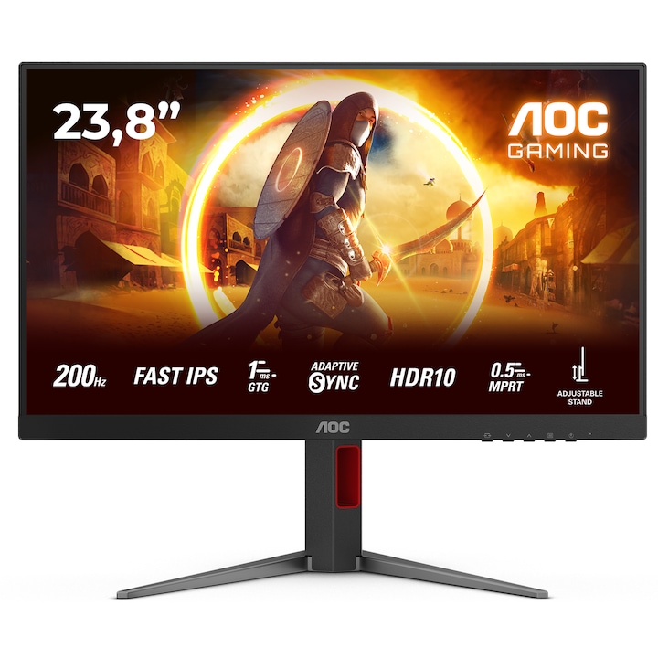 Геймърски монитор AOC 24G4HA, 23.8", Full HD (1920x1080), Бърз IPS, WLED, 200Hz, 0.5ms MPRT, 1ms GtG, Адаптивна синхронизация, NVIDIA G-SYNC съвместим, HDR 10, Без трептене, 2x2W високоговорители, HDMI, DisplayPort, Pivot, Черен