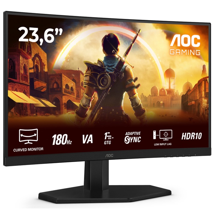 Монитор Gaming AOC C24G42E, Извит 1500R, 23.6", Full HD (1920x1080), VA, WLED, 180Hz, 0.5ms MPRT, 4ms GtG, Freesync Premium, HDR 10, Flicker Free, Low Blue Light, Високоговорители 2x2W, HDMI, DisplayPort, Черен