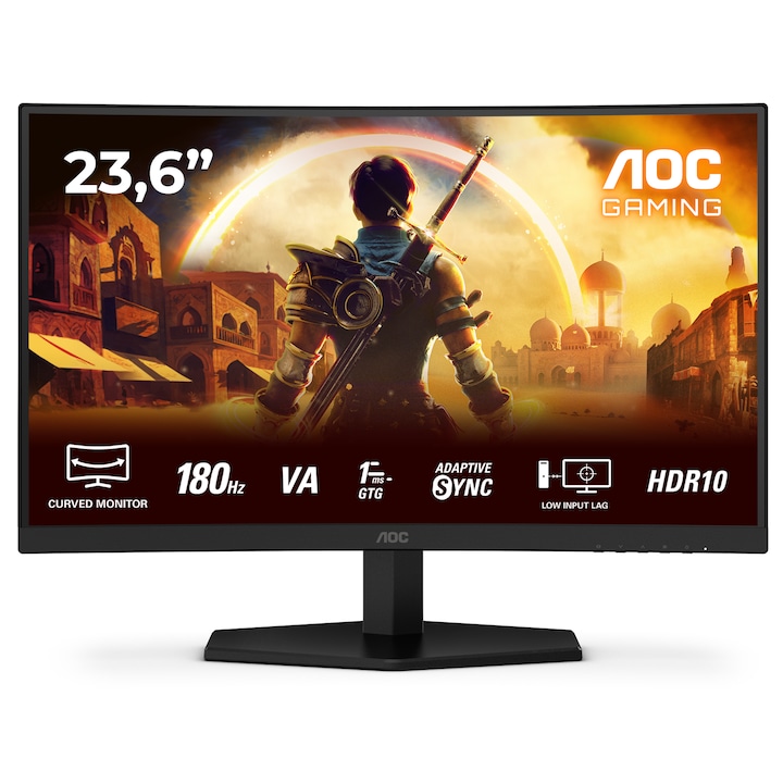 Monitor Gaming AOC C24G42E, Curbat 1500R, 23.6", Full HD (1920x1080), VA, WLED, 180Hz, 0.5ms MPRT, 4ms GtG, Freesync Premium, HDR 10, Flicker Free, Low Blue Light, Difuzoare 2x2W, HDMI, DisplayPort, Negru