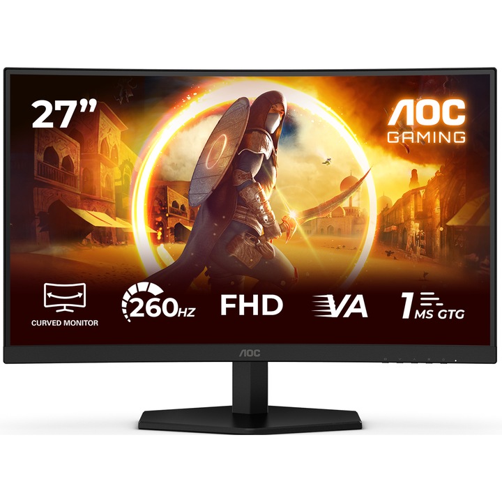 Monitor Gaming AOC C27G42ZE, 27", FHD (1920x1080), Fast VA curved 1500R, 260Hz, 0.3ms MPRT, 1ms GtG, Adaptive Sync, HDR 10, Low Blue Light, Flicker Free, HDMI 2.0, DP 1.4, Negru