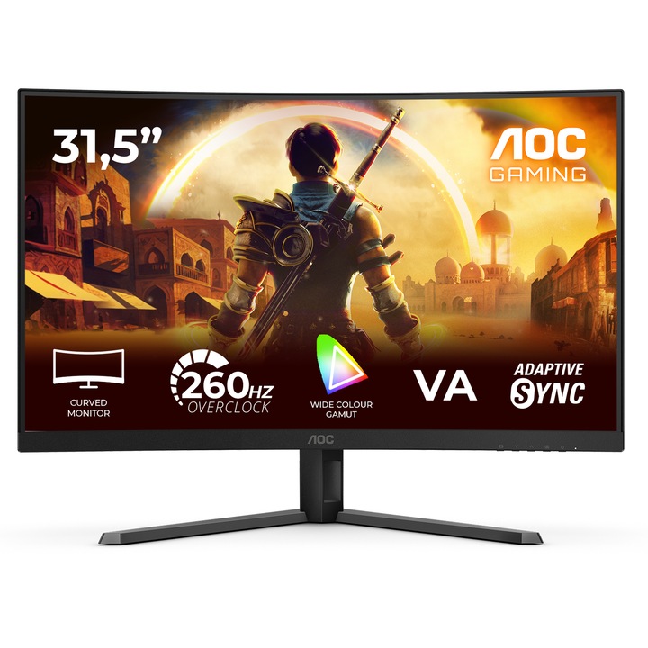 Monitor Gaming AOC C32G42ZE, Curbat 1500R, 31.5", Full HD (1920x1080), VA, WLED, 260Hz (OC, 240Hz Native), 0.3ms MPRT, 4ms GtG, Adaptive Sync, HDR 10, Flicker Free, TUV Low Blue Light (hardware), HDMI, DisplayPort, Negru
