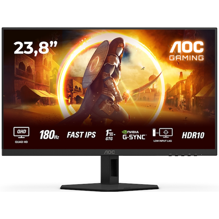 Монитор Gaming AOC Q24G4RE, 23.8", QHD (2560x1440), Fast IPS, WLED, 180Hz, 0.5ms MPRT, 1ms GtG, Adaptive Sync, NVIDIA G-SYNC Compatible, HDR 10, Flicker Free, Low Blue Light, HDMI, DisplayPort, Черен