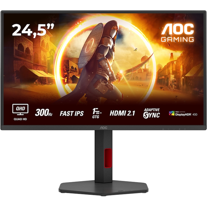Monitor Gaming AOC Q25G4SR, 24.5", QHD (2560x1440), Fast IPS, 300Hz, 0.3ms MPRT, 1ms GtG, Adaptive Sync, NVIDIA G-SYNC Compatible, VESA Certified DisplayHDR™ 400, Flicker Free, Low Blue Light, Difuzoare 2x2W, HDMI, DisplayPort, Pivot, Negru