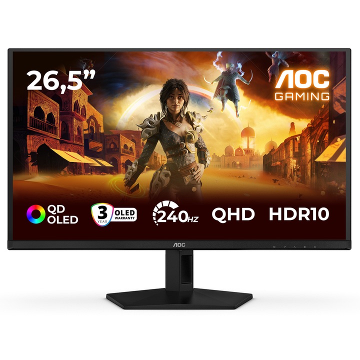 Monitor Gaming AOC Q27G41ZDF, 26.5", QHD (2560x1440), QD-OLED, 240Hz, 0.03ms GtG, Adaptive Sync, NVIDIA G-SYNC Compatible, HDR 10, TUV Low Blue Light (hardware), HDMI, DisplayPort, Negru