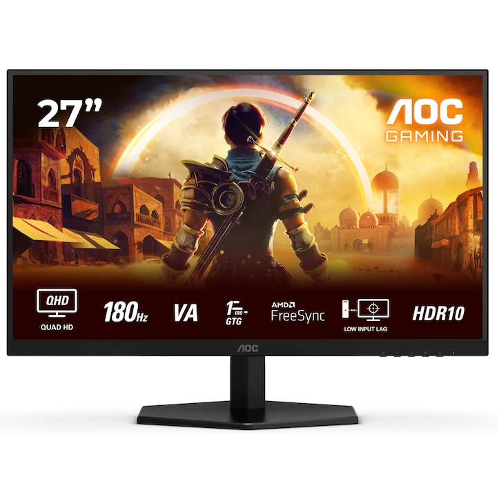 Монитор Gaming AOC Q27G42XNE, 27", QHD (2560x1440), Fast VA, 180Hz, 0.5 ms MPRT, 1 ms GtG, Adaptive Sync, AMD FreeSync, Flicker-Free, Low Blue Light, 2x2 W speakers, HDMI, DisplayPort, Vesa, Черен