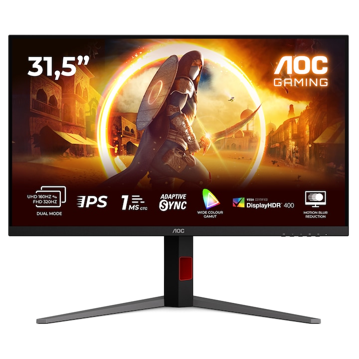 Monitor Gaming AOC U32G4U, 31.5", UHD (3840x2160), Fast IPS, WLED, 160Hz, 0.5ms MPRT, 1ms GtG, G-SYNC Compatible, VESA Certified DisplayHDR™ 400, Flicker Free, Low Blue Mode, HDMI, DisplayPort, USB, Pivot, Negru