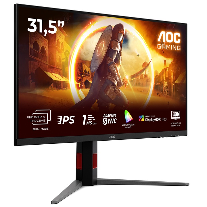 Монитор AOC U32G4U, 31.5", UHD (3840x2160), Fast IPS, WLED, 160Hz, 0.5ms MPRT, 1ms GtG, VESA Certified DisplayHDR 400, HDMI, DisplayPort, USB, Pivot, Черен