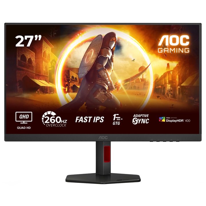 Монитор Gaming AOC Q27G4ZR, 27", QHD (2560x1440), fast IPS, WLED, 260Hz (OC, 240Hz native), 0.3 ms, adaptive sync, NVIDIA G-SYNC compatible, VESA, DisplayHDR™ 400, flicker-free, low blue light mode, HDMI, DisplayPort, Pivot, черен