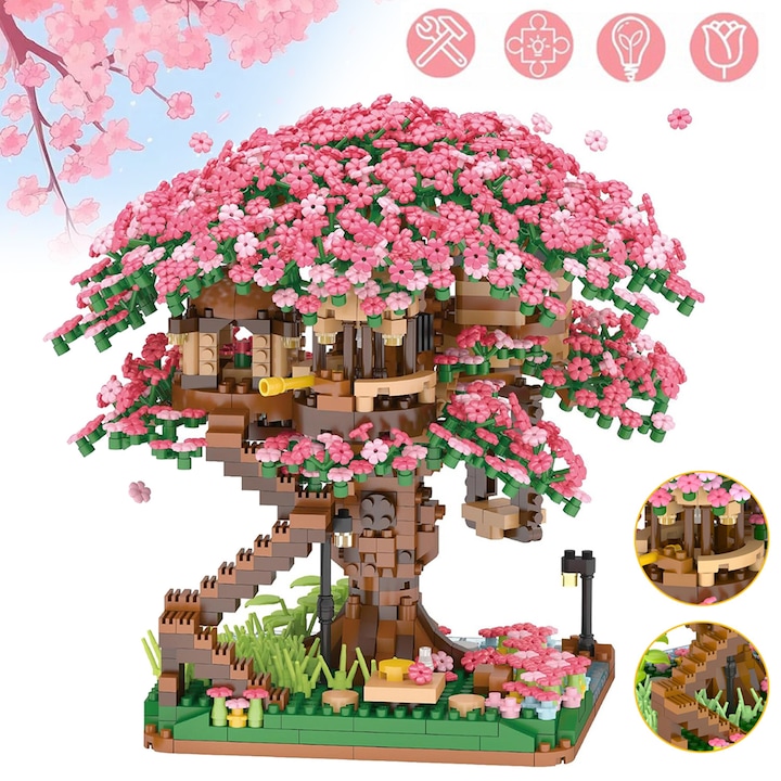 Mini-Micro-Set De Constructie Cu Bonsai De Cires, 2008 Bucati, Seturi De Machete Cu Casute Japoneze Cu Sakura, Kit De Constructie Cu Mini-Caramizi Cu Casute Cu Flori, Jucarii Creative De Colectie