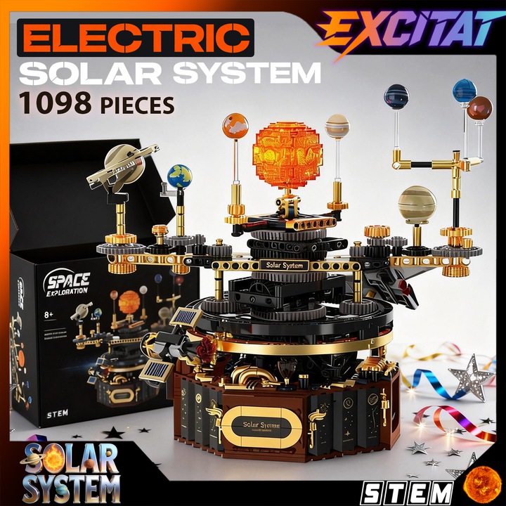 Set de Constructie Sistem Solar Motorizat, Excitat®, 1098 Piese, Rotativ, cu Mod Electric si Manual, cu Functii Mecanice, Cadou STEM, piesa de decor interactiva, cadou creativ pentru copii si adulti