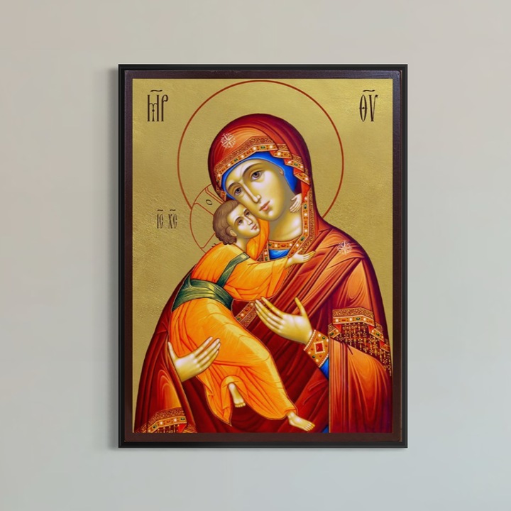 Tablou Canvas Premium, LuxCanva® H1064, Maica Domnului Milostiva cu Pruncul, 75 X 100 CM, Panza Bumbac 100% 400g/m2, Sasiu, Lemn, Icoana, Puritate, Har, Ajutor, Sprijin, Speranta, Mantuire, Mangaiere, Ortodoxie, Fecioara, Living, Dormitor, Black