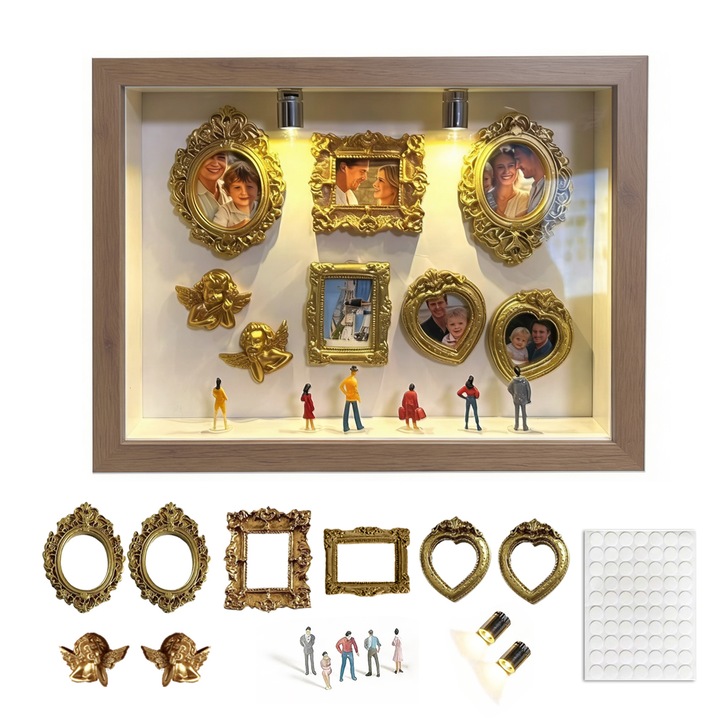 3D Képkeret Miniatűr Múzeum, DIY, Árnyékeffektusú Vitrin, 22x17cm, Személyre Szabott Fotókiállítás, 5 Figurával és 6 Arany Kerettel, Dekoratív Ajándék, Kreatív Kézműves, rönkök