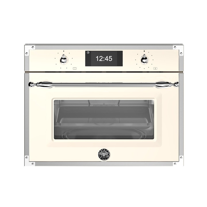 Cuptor cu microunde incorporabil cu convectie Bertazzoni, colectie Heritage, capacitate 38 litri, Clasa A, 5 trepte putere, 15 programe prestabilite, 6 functii speciale, decongelare duala, functie Combi, timer integrat, finisaj mat, crem/inox