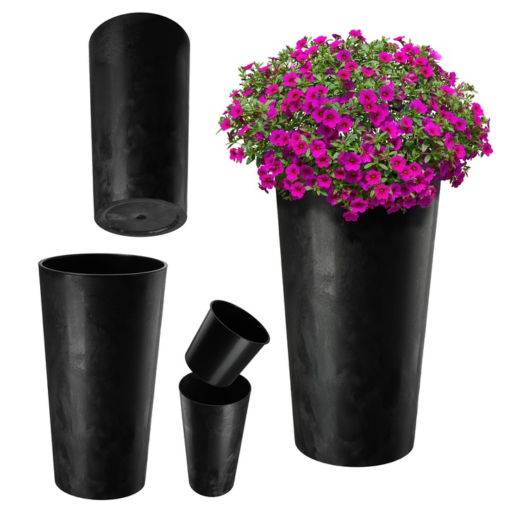 Ghiveci KADAX 36cm, ecologic, negru, cu suport pentru flori