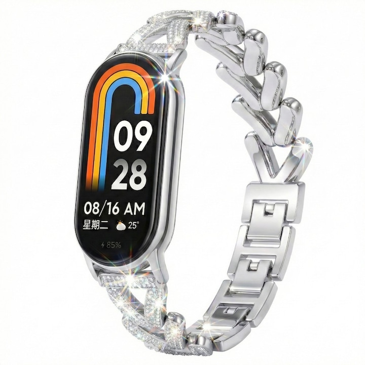Női ékszer karkötő Xiaomi Mi Band 8 / 9 / 10-hez – elegáns fém kristályokkal, állítható, Best Accessories, Ezüst