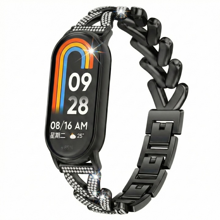 Női ékszer karkötő Xiaomi Mi Band 8 / 9 / 10 – elegáns fém kristályokkal, állítható, Best Accessories, Fekete