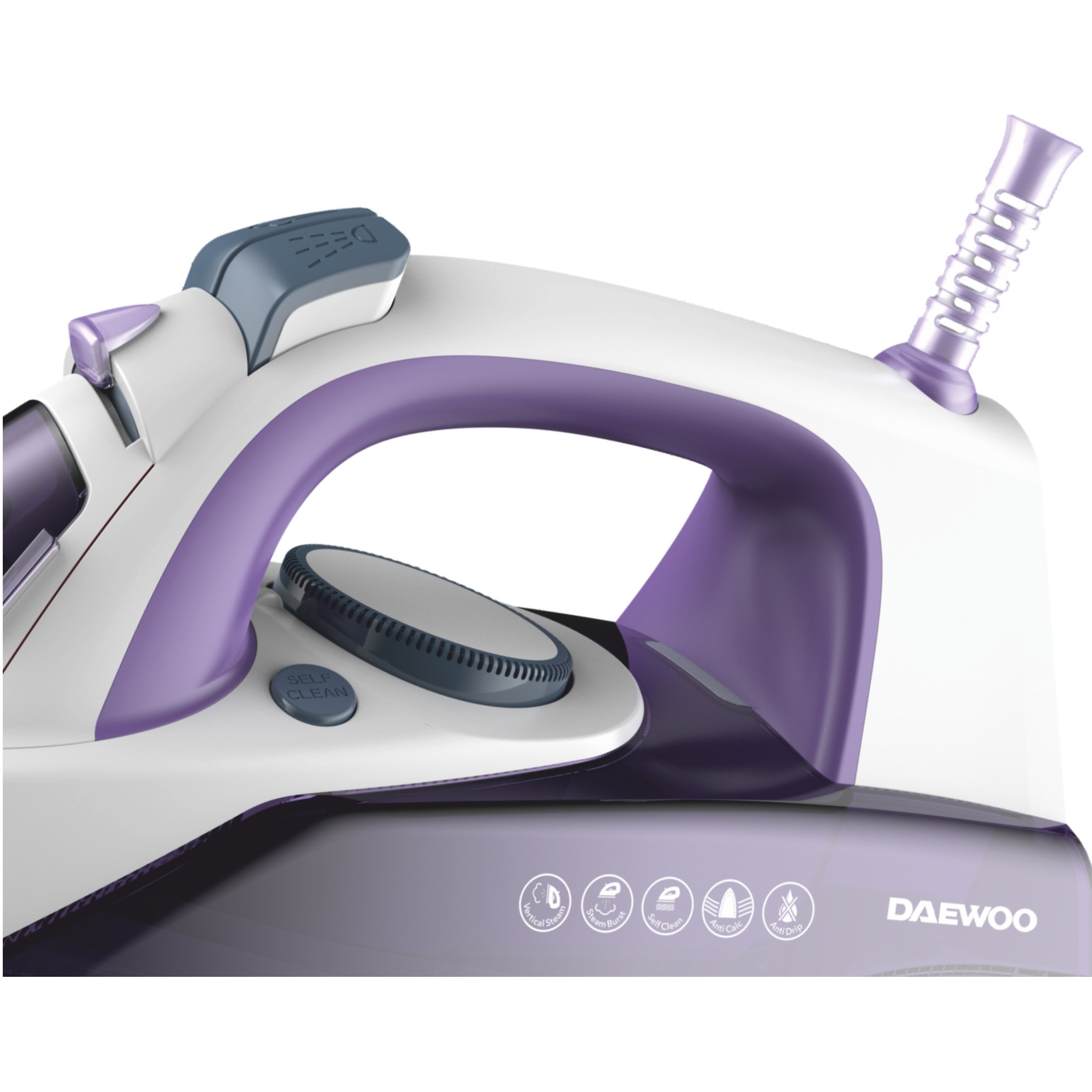Fier de calcat Daewoo DSI3000P, 2600 W, talpa ceramica, jet abur puternic 25 g/minut, abur vertical, auto curatare, anti picurare, anti calcar, capacitate rezervor 300 ml, alb/mov