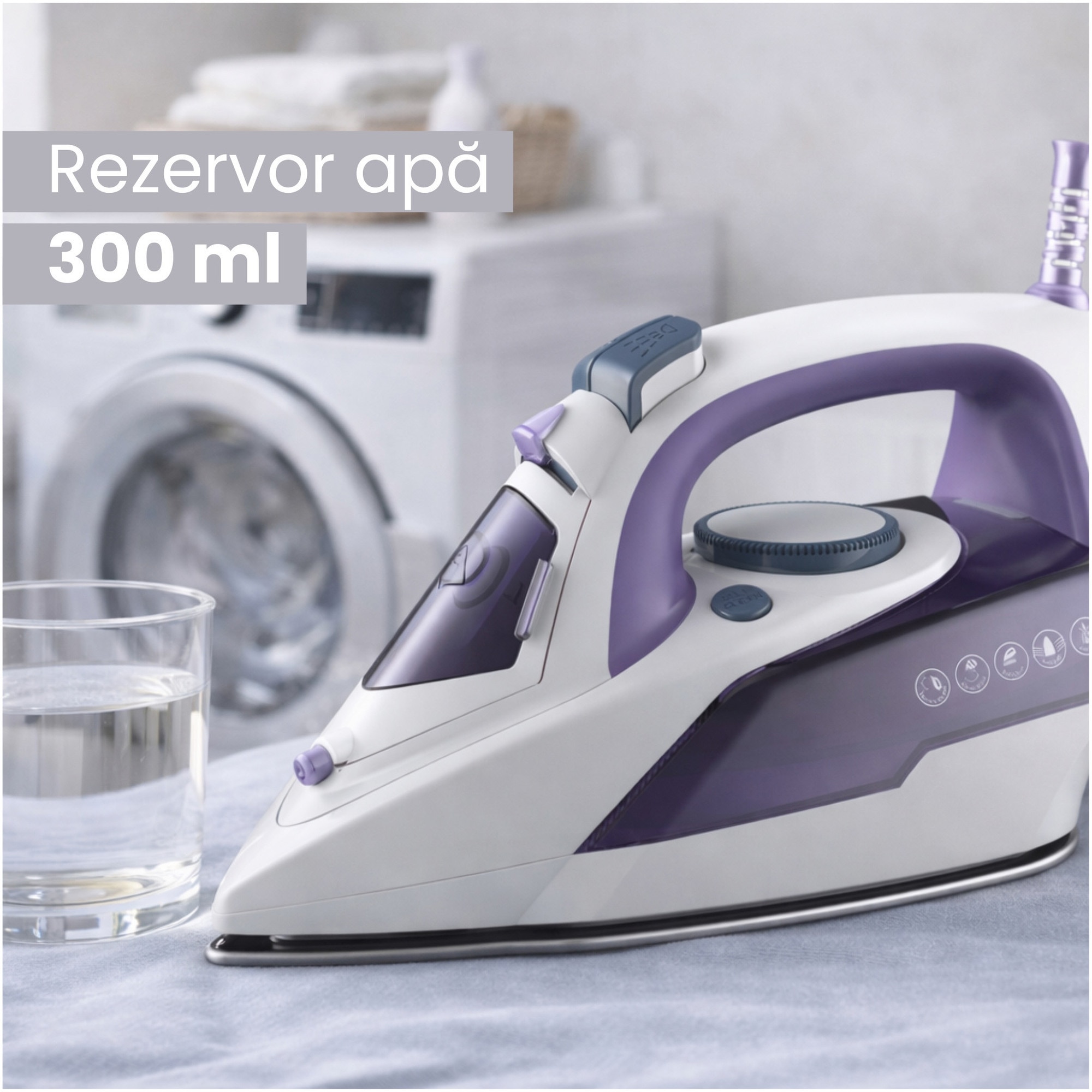 Fier de calcat Daewoo DSI3000P, 2600 W, talpa ceramica, jet abur puternic 25 g/minut, abur vertical, auto curatare, anti picurare, anti calcar, capacitate rezervor 300 ml, alb/mov