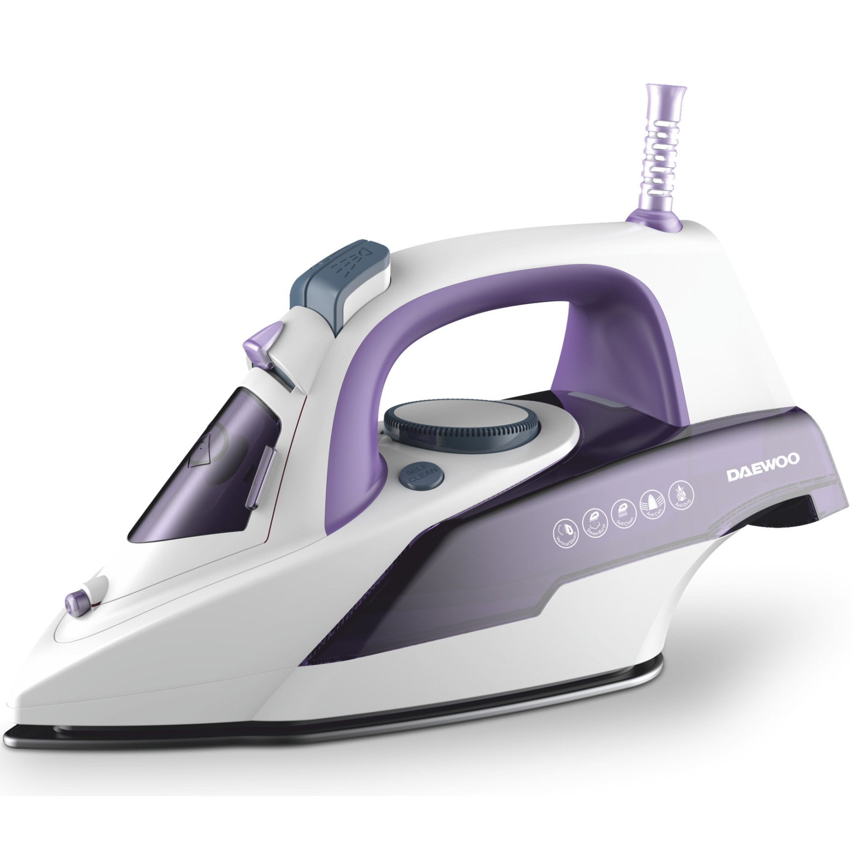 Fier de calcat Daewoo DSI3000P, 2600 W, talpa ceramica, jet abur puternic 25 g/minut, abur vertical, auto curatare, anti picurare, anti calcar, capacitate rezervor 300 ml, alb/mov