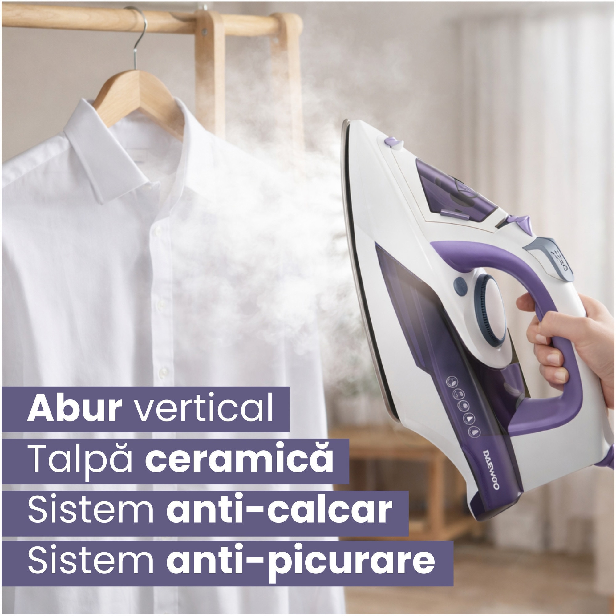 Fier de calcat Daewoo DSI3000P, 2600 W, talpa ceramica, jet abur puternic 25 g/minut, abur vertical, auto curatare, anti picurare, anti calcar, capacitate rezervor 300 ml, alb/mov