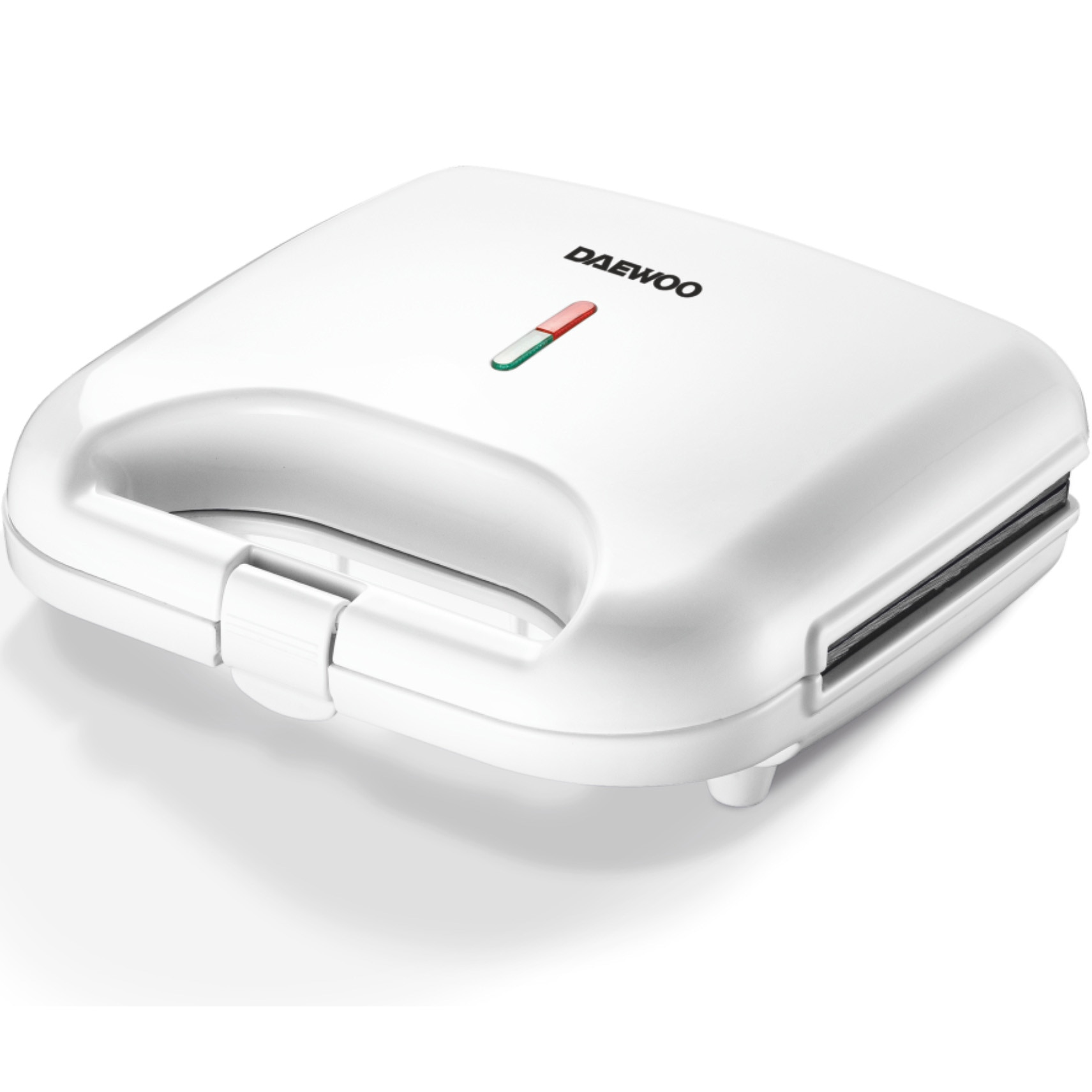 Sandwich maker Daewoo DSM25W, 800 W, placi neaderente, incalzire controlata prin termostat, maner CoolTouch, clapeta de blocare, indicator luminos incalzire, alb