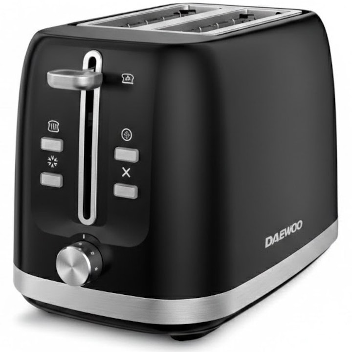 Prajitor de paine Daewoo DBT280B, putere 800 W, tavita de firimituri, functie decongelare, control electronic rumenire, carcasa inox, functie reincalzire, capacitate 2 felii, negru